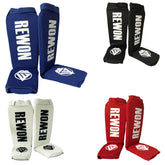 Four pairs of Rewon shin guards for kickboxing and martial arts in blue, black, white, and red colors, ideal for training.